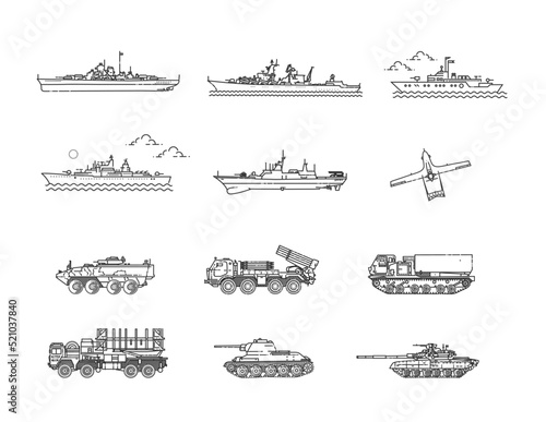 Vector line set of warships and military technical transport