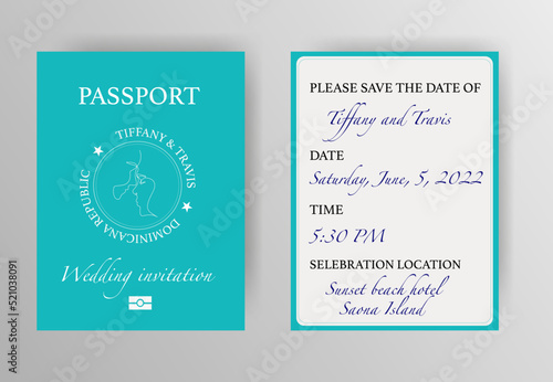 Passport wedding invitation navy blue background. Original design of wedding invitation. Invitation card design.