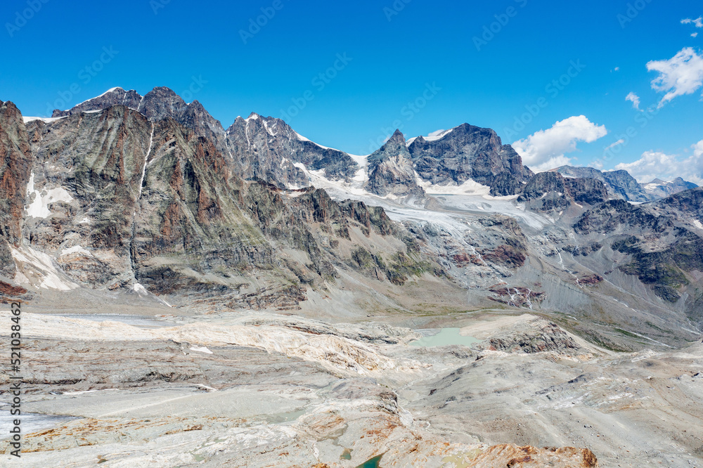 Panoramic aerial view of the Bernina Group and the Scerscen Refuge in Valmalenco, Italy, July 2022	