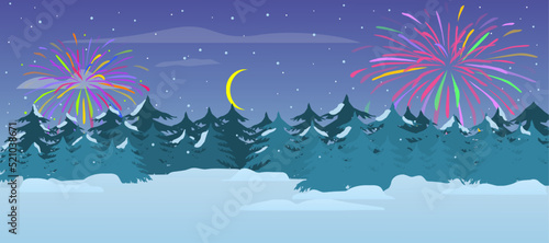 Winter background with Christmas trees, snowdrifts, fireworks and moon. Vector illustration.