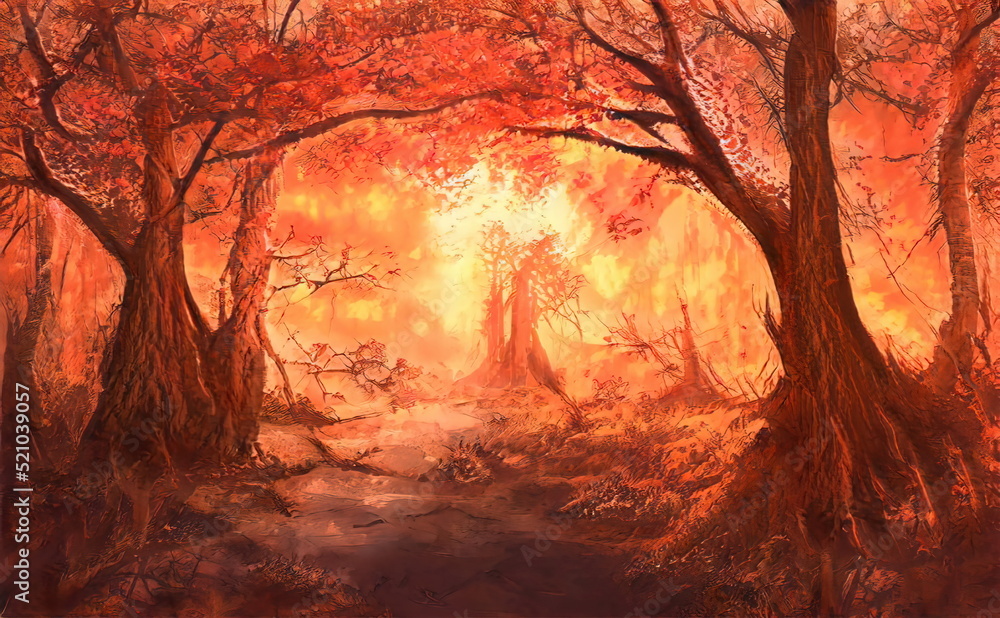 Fire in forest. Burning trees, a natural disaster. Uncontrolled burning of vegetation and