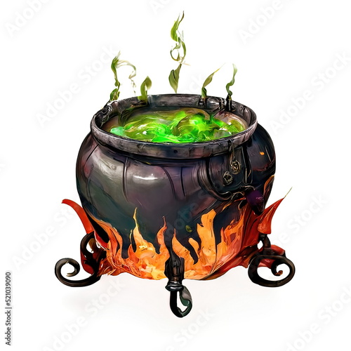 Witch cauldron is brewing a magic potion. Cast-iron cauldron is boiling potion. Illustration photo