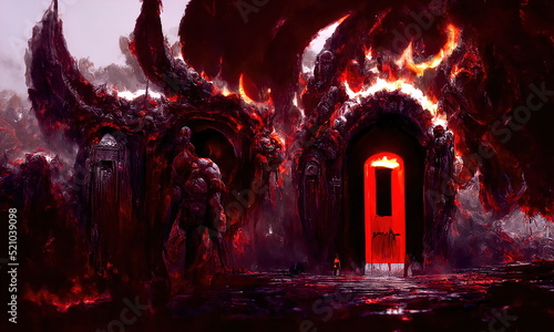 Purgatory, fire in hell. A crowd of sinful people is burning in hell in hellfire. The gateway to the infernal underworld. Devils demons and ghouls torment sinful people. 3d illustration