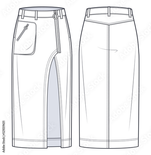 Asymmetric Denim Skirt technical fashion illustration. Midi Skirt fashion flat sketch template, zip up, front pocket, front slit, front and back view, white, CAD mockup.