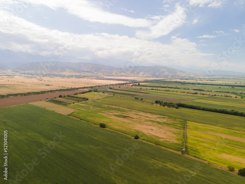 Fantastic landscape, aerial photography from a drone of farmers' fields against the background of mountains. Farm lands and fields are not far from Almaty. © Сергей Дудиков