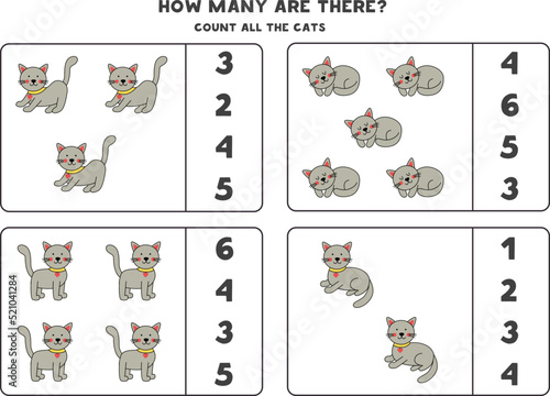 Counting game with cute hand drawn cats. Educational worksheet.