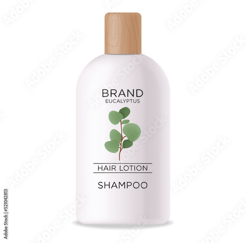 Cosmetics lotion bottle. White bottle cosmetic and wood design. Realistic hair lotion. Shampoo eucalyptus hair organic aroma for beauty isolated on white background.