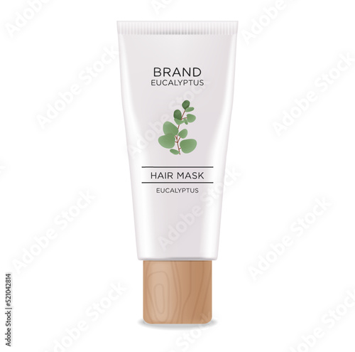 Cosmetics lotion bottle. White bottle cosmetic and wood design. Realistic hair lotion. Cream eucalyptus hair organic aroma for beauty isolated on white background.