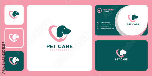 pet care logo design with dog or hand and business card