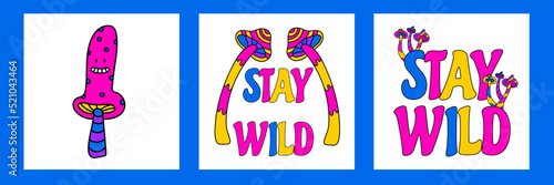 Psychedelic trippy mushrooms set. Hallucination retro 70s mushrooms.Psychedelic hippy doodle sticker mushroom. Bright doodle vector prints