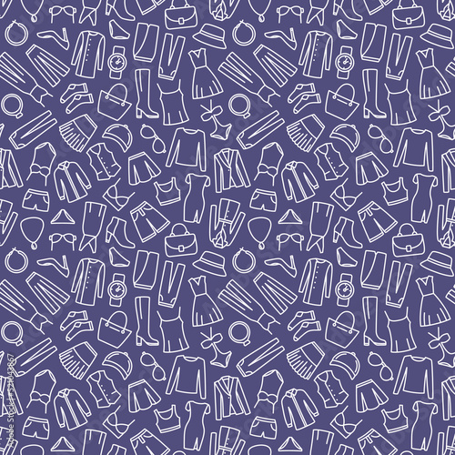 Seamless pattern with woman clothes and accessories line icon. Vector illustration