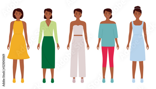 Fashion woman with dark skin tone in clothes for romantic date, home, business meeting, meeting with friends. Vector illustration