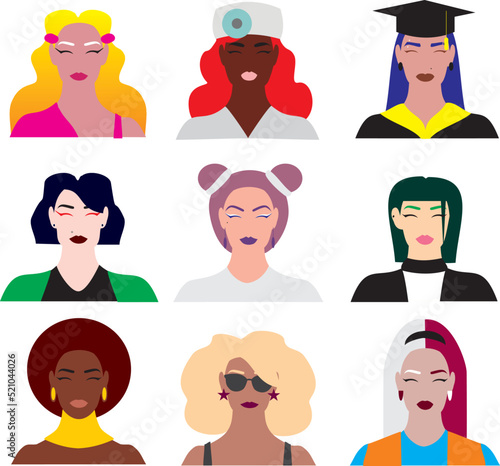 vector flat minimalistic illustration of girl lgbt lgbtq set 9 portrait head icon collection of face women girls make up hair avatars interface cartoon doctor student ebony african photo