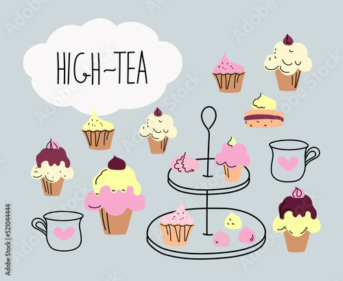 Afternoon tea set with cakes, doodle sketch hand drawn vector design.