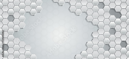 Wide Sci-fi template with polygons. Futuristic illustration. Abstract hexagon science on the grey background. Hi-tech digital technology and engineering concept.