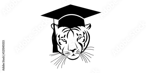 Vector water tiger black head in square graduation academic cap; animal portrait