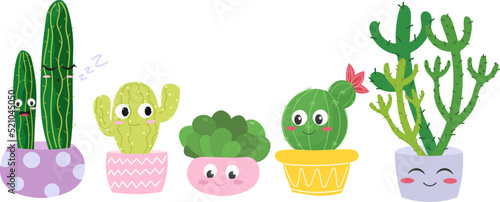 Cartoon cactus. Cute succulent or cacti plant with happy funny face, tropical smiling flower sticker, mexican plants color vector characters. Desert prickly plant badges in pots isolated on white