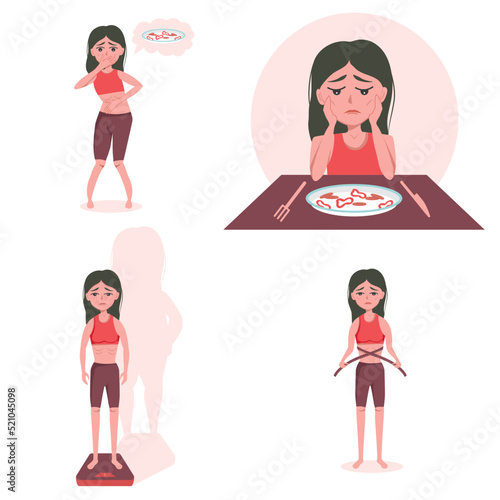 The concept of mental disorder and food addiction - a girl with anorexia, bulimia is afraid to eat, weigh herself, measure body parameters. nauseated at the thought of food