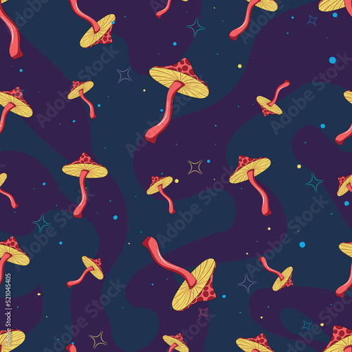 Seamless pattern with psychedelic hallucinogenic colorful fly agaric mushrooms in 70s hippie style on a dark abstract background