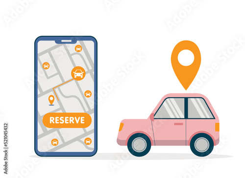 Simple car sharing illustration with big smartphone with free car search and reservation map and pink car in flat style