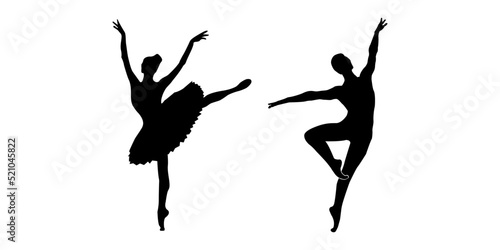 Vector drawing ballerina and balleroon in dance. Black silhouette of dancers. Illustration isolated on white background.
