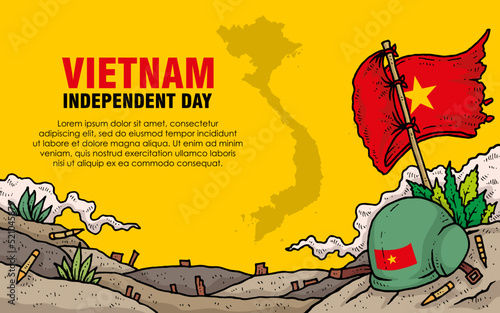 Vietnam independent day with war helmet and flag banner