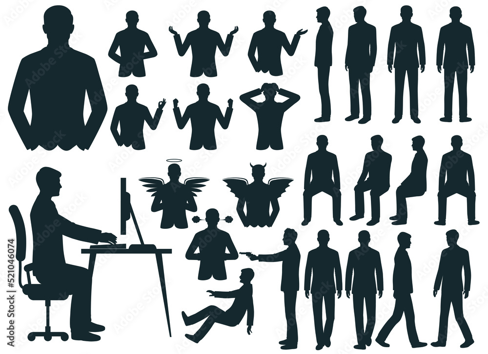 Multiple silhouettes of a businessman sitting, standing and walking, Business People Multiple silhouettes of a businessman sitting, standing and walking, Business People