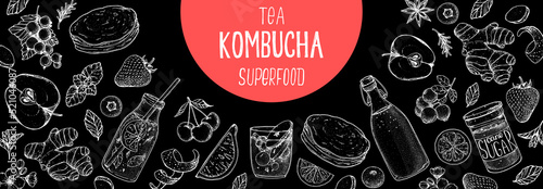 Kombucha tea and ingredients for kombucha sketch. Hand drawn vector illustration. Kombucha drink. Tea mushroom, tea fungus, or Manchurian mushroom.