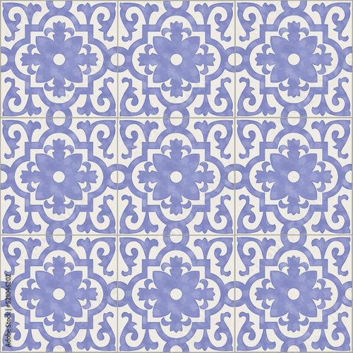 Hydraulic tiles. Lilac hand-painted.  Portuguese, Spanish, Turkish, Islamic, Arabic, Indian and Ottoman design. EPS illustration. 