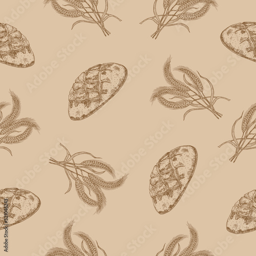 Bakery seamless pattern fresh bread and wheat ears hand-drawn vector illustration on gray background