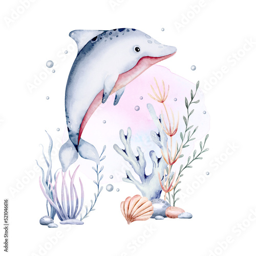sea animals composition. Blue watercolor ocean fish, turtle, whale and coral. Shell aquarium mermaid submarine. Nautical dolphin marine illustration, jellyfish, starfish