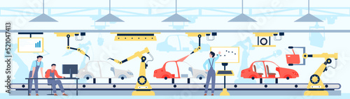 Car industry. Vehicle smart manufacturing on factory with cars repairman and engineers. Auto assembly on conveyor line, industrial business recent vector scene © LadadikArt