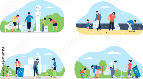 People and garbage. Volunteers collect waste from street, city park and beach. Guy picking litter for recycling, family and students clean up nature recent vector scenes