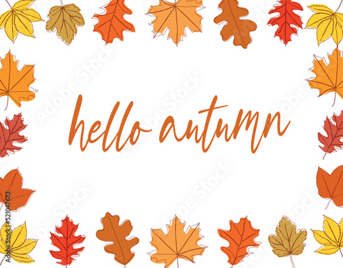 Hello, Autumn. Set of autumn leaves and inscription hello autumn. Vector illustration isolated on white background