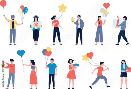 Birthday celebration happy characters. Friends hold gift and balloons, anniversary celebrating. Family party or festival, people and confetti recent vector set