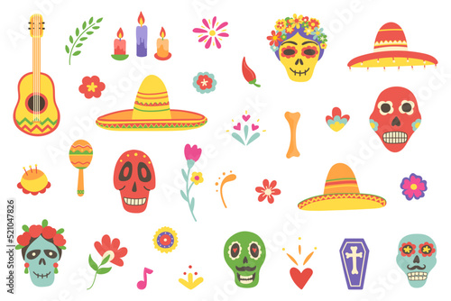 Day of the Dead mexican icons big set. Skull symbol. Dia de los Muertos hand drawn design elements. Cinco de Mayo. Death pattern. Mexico culture holiday poster. Embroidery banner. Vector illustration