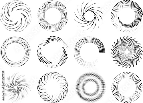 Circle dotted speed lines halftone effect. Round movement spirals, abstract swirl frames design. Circular dot logos, isolated technical graphic racy vector elements