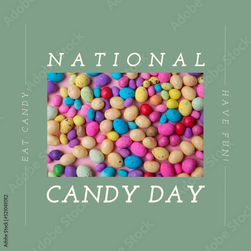 Composition of national candy day text over colourful candy