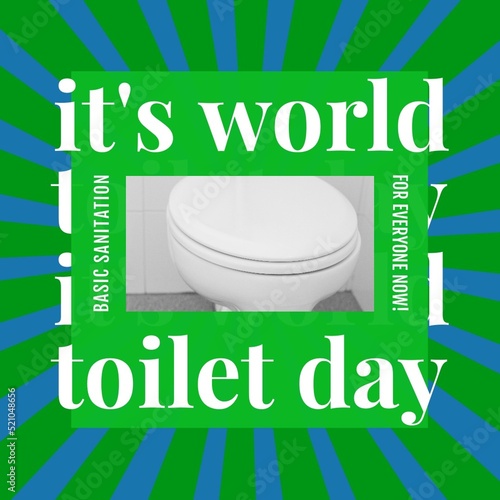 Square image of world toilet day and sanitation text with toilet on blue and green radial stripes