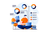 Data analysis concept with people scene in flat cartoon design. Man working with statistics using laptop, analyzing charts and graphs, accounting and audit. Illustration visual story for web