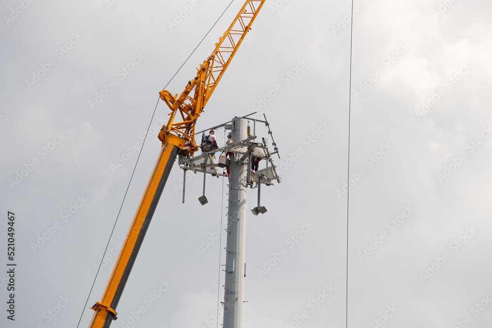 Telecom tower install communication equipment for sent signal to the city, satellite dish telecom network in the city
