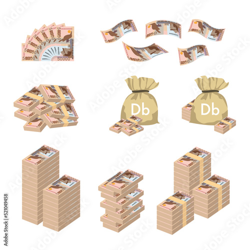 Dobra Vector Illustration. Huge packs of São Tomé and Príncipe money set bundle banknotes. Bundle with cash bills. Deposit, wealth, accumulation and inheritance. Falling money 50000 Db.