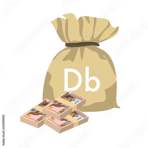 Dobra Vector Illustration. São Tomé and Príncipe money set bundle banknotes. Money bag 50000 Db. Flat style. Isolated on white background. Simple minimal design.