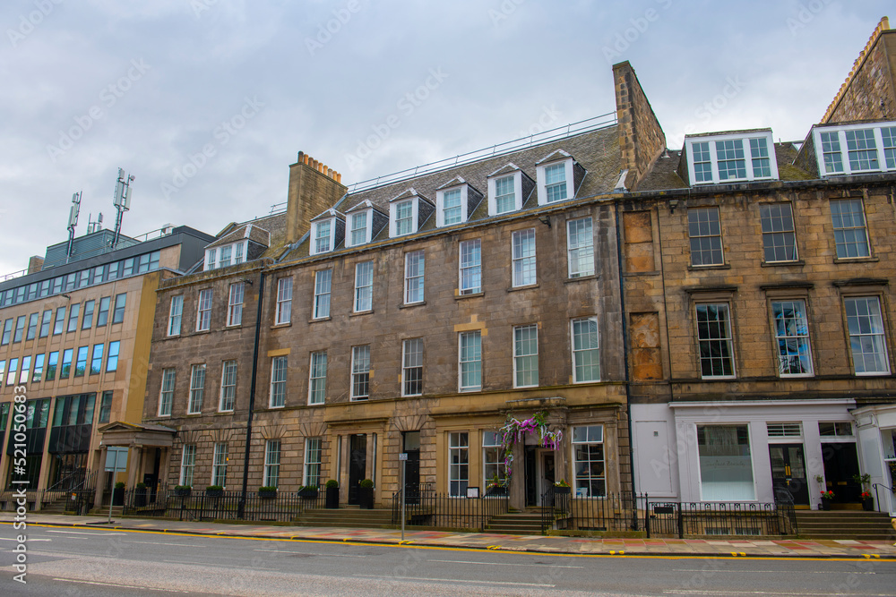 Historic buildings on Albyn Place Street at Charlotte Street in New Town Edinburgh, Scotland, UK. New Town Edinburgh is a World Heritage. 