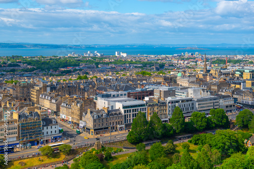 New Town aerial view on Princes Street at Frederick Street from Edinburgh Castle in Old Town Edinburgh, Scotland, UK. New Town Edinburgh is a UNESCO World Heritage Site since 1995.  photo