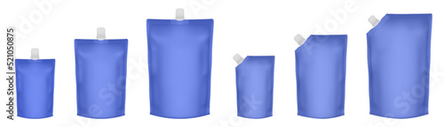 Set of blue doypack packaging with screw cap. Blank foil drink bags pouches with spout. Ketchup, mayonnaise or mustard. Stand up doy pack mock up set. Cosmetic refill