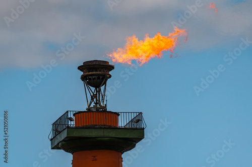 The fire of memory is lit on the rostral columns in St. Petersburg at the celebration of the day of the Russian Navy