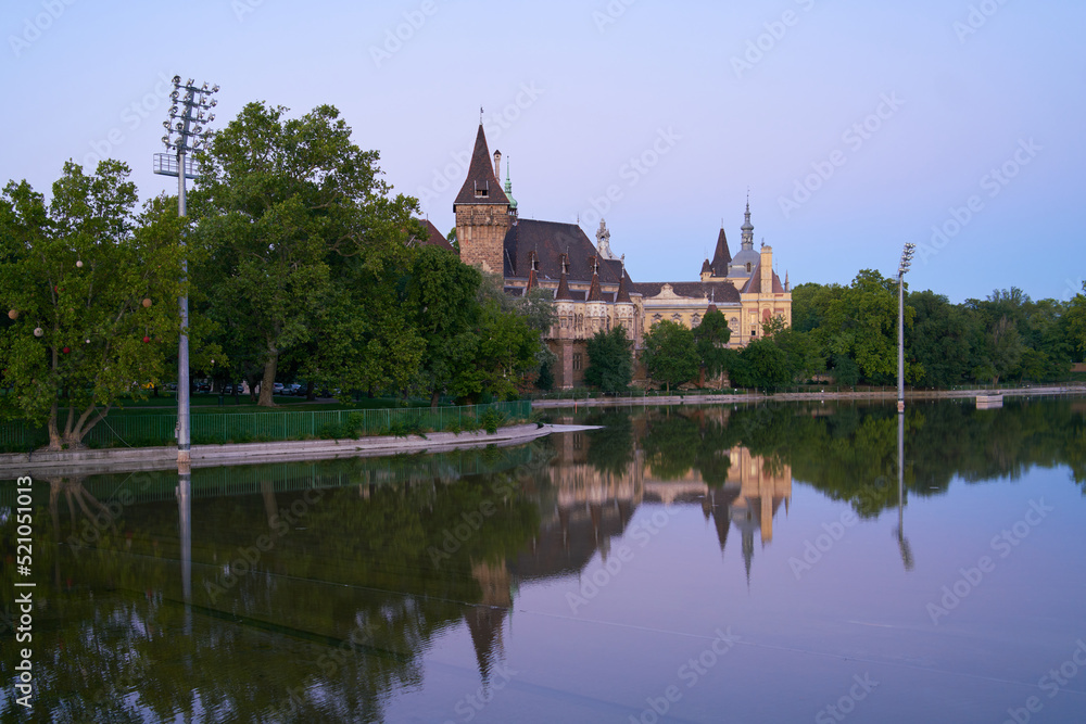 Vajdahunyad castle at sunset, Varosliget city park, Budapest, Hungary Vajdahunyad castle at sunset, Varosliget city park, Budapest, Hungary