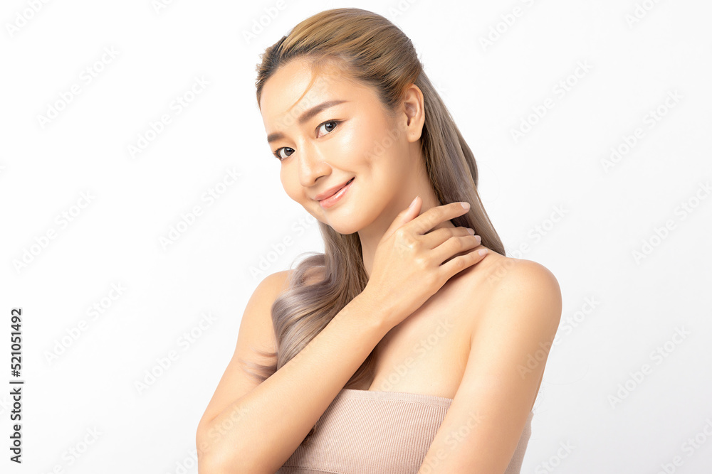 Happy beautiful young asian woman clean fresh bare skin concept. Asian girl beauty face skincare and health wellness, Facial treatment, Perfect skin, Natural make up. Isolated on white background. Happy beautiful young asian woman clean fresh bare skin concept. Asian girl beauty face skincare and health wellness, Facial treatment, Perfect skin, Natural make up. Isolated on white background.