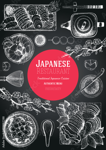 Japanese food menu restaurant. Asian food poster. Vector illustration top view.